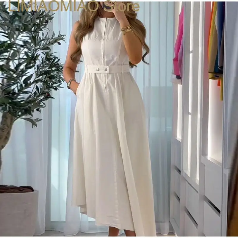 Женское длинное платье без рукавов элегантное белое на молнии с круглым вырезом