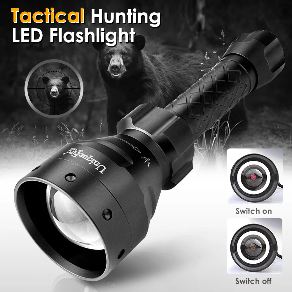 Uniquefire 1405 IR 940nm Tactical LED Flashlight For Hunting Night Vision Zoom 3 Modes Rechargeable 67mm Convex Lens Torch