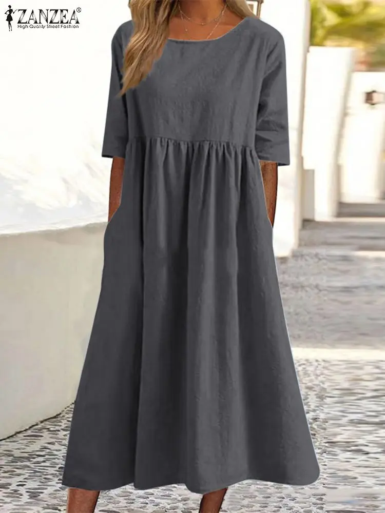 

Платье ZANZEA женское с круглым вырезом, праздничный Однотонный сарафан до середины икры с рукавом до локтя, повседневная одежда, лето 2022