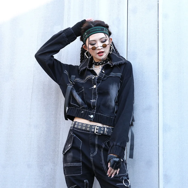 

#3023 джинсовое пальто с длинным рукавом, женская тонкая весенняя черная джинсовая куртка, Женская однобортная верхняя одежда с рукавом летуч...