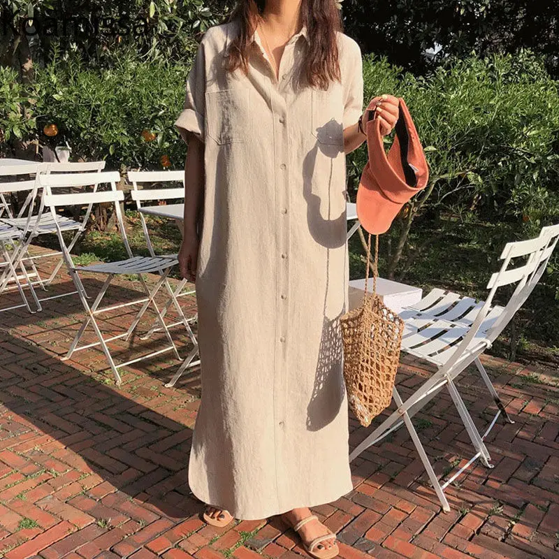 

Koamissa Solid Women Causal Loose Maxi Dress Single Breasted Slim Summer Tshirt Dresses Female Daily Out Wear Vestidos New Robe