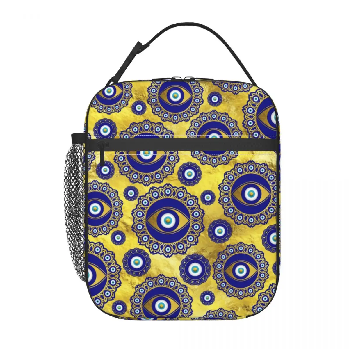 

Evil Eye Charm Lunch Bag with Handle Abstract Greek Mati Pearl Cotton Mesh Pocket Cooler Bag Portable Zipper Picnic Thermal Bag