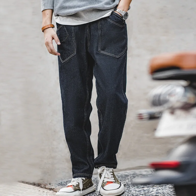 Maden Japanese Vintage Jeans for Men Casual Black Baggy Jeans Brand Elastic Waist Trousers Original Selvedge Denim Pants 12.8 OZ