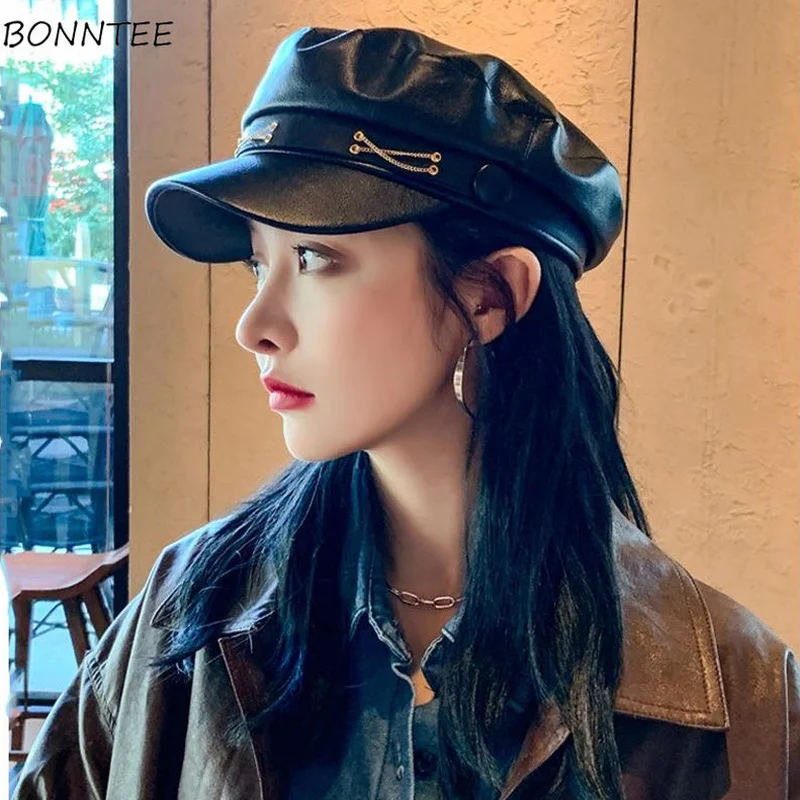 

Berets Women Streetwear Harajuku All-match Casual Trendy Ins Cozy Simple Basic Chain Solid Korean Fashion New Design Hot Sale Bf