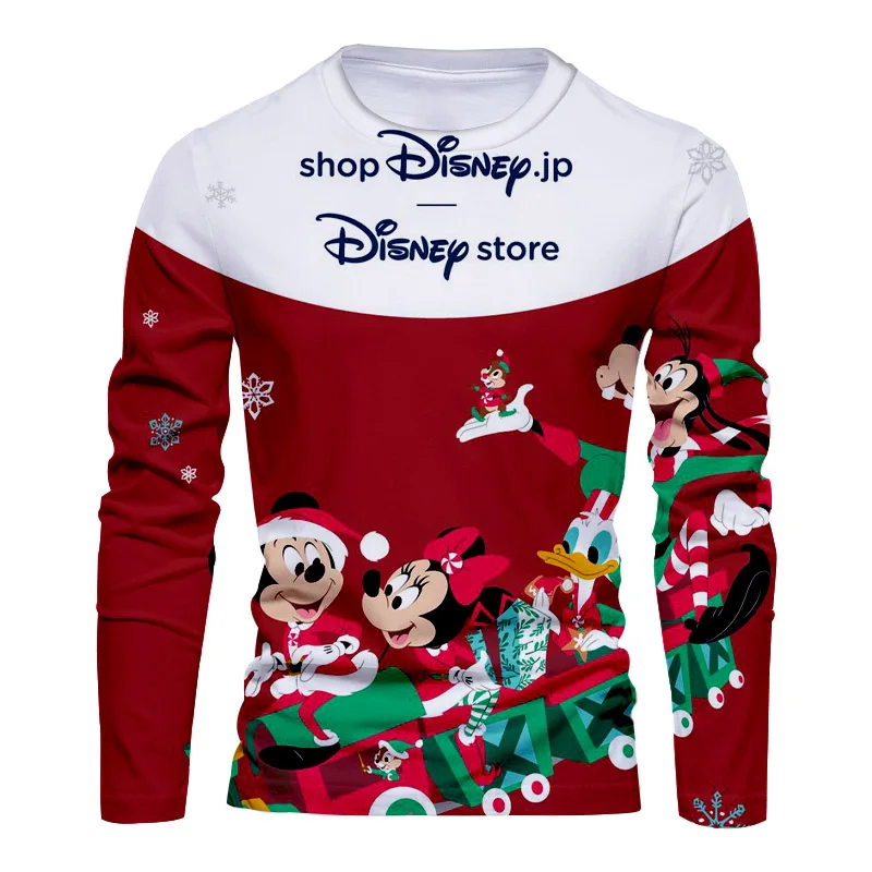 New Christmas Disney Brand Mickey and Minnie Anime 3D Printing Fashion Casual Trend Men's Round Neck Long Sleeve T-Shirt