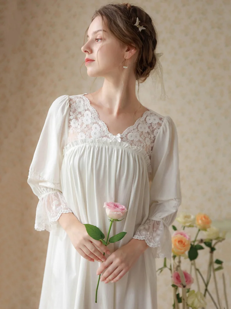 Women Pure Cotton Lace Ruffles Princess Nightgowns Robe V-Neck Lace Victorian Romantic Vintage Sleepwear Nightdress Homewear