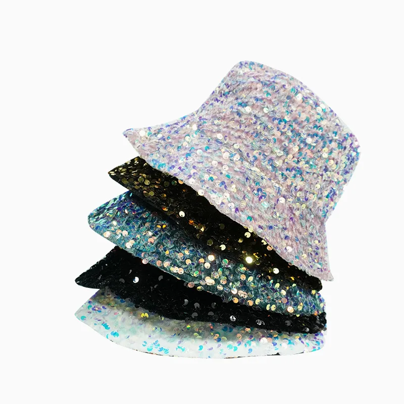 

2022 New Harajuku Glitter Sequins Bucket Hat Fisherman Hat Folded Windproof Panama Hats Female Sequins Hats Women Hat