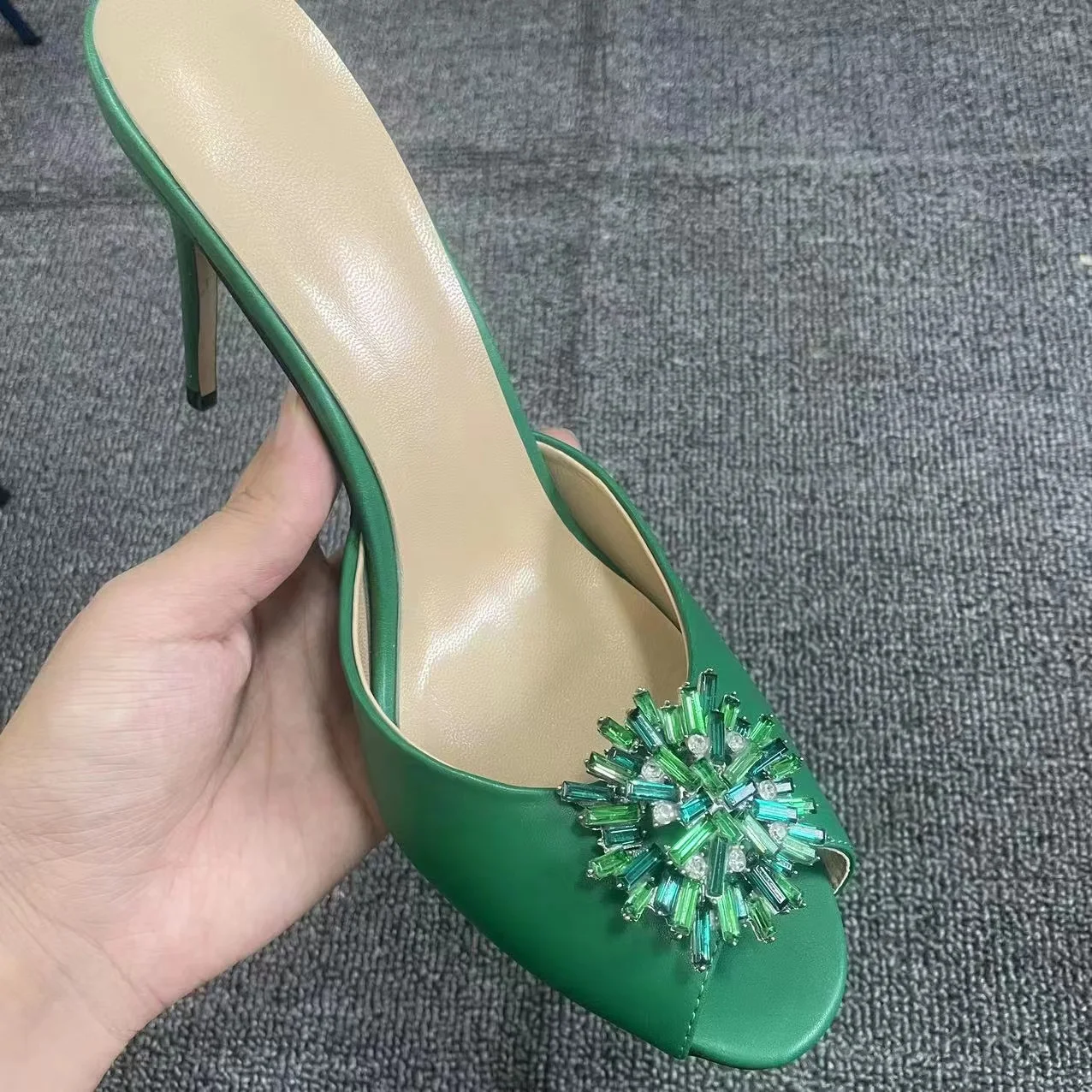 2022 Elegant Rhinestone Flowers Open Toe Green Sandals Women's Stiletto High Heels Slippers Luxury Slipers Style Sexy Party