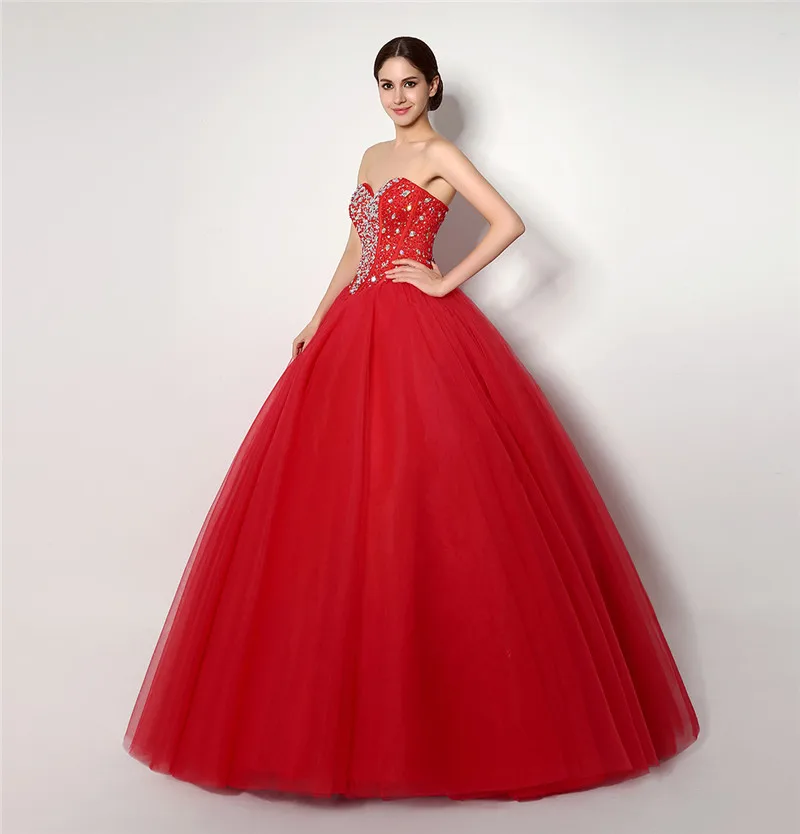 

Red Quinceanera Dresses Ball Gown Sweetheart Tulle Beaded Crystals Mexican Sweet 16 Dresses 15 Anos