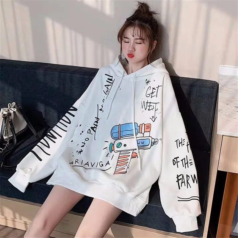 

2021 White Women Loose Sweatshirts Streetwear Kawaii Tops Girls Autumn Long Sleeve Cute Cartoon Print Female Harajuku Hoodies