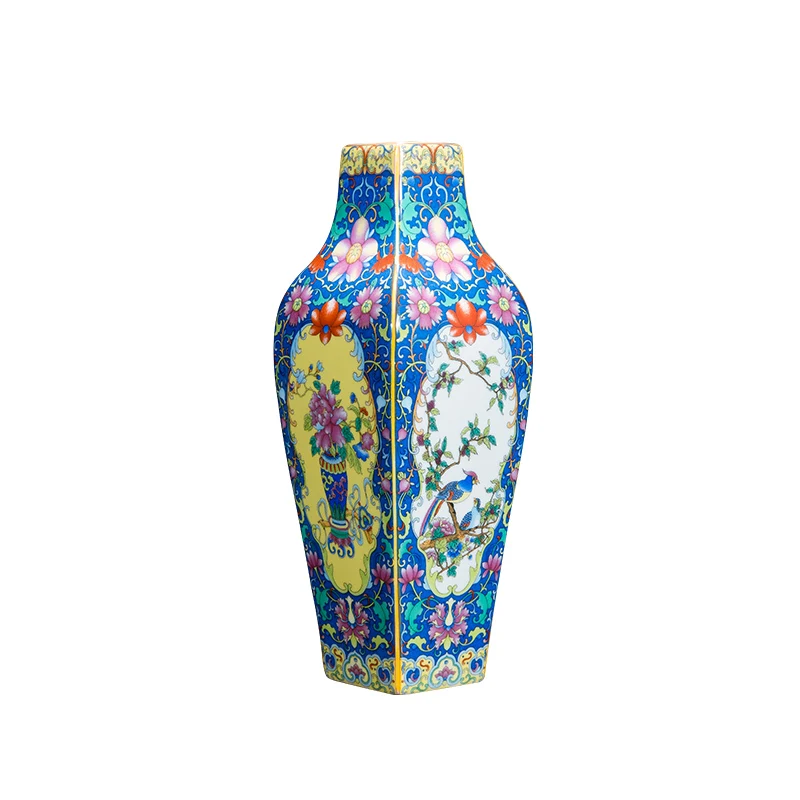 Античная эмалированная квадратная ваза Цзиндэчжэнь с рисунком цветов и птиц из