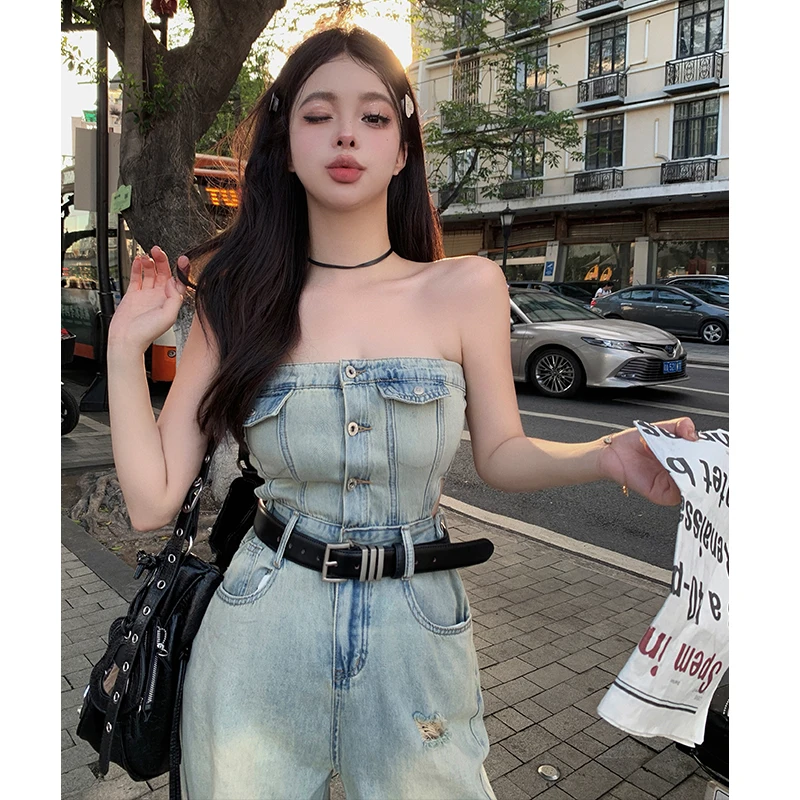 

Джинсовый комбинезон в Корейском стиле, облегающий цельный топ-труба с широкими штанинами, пикантные Длинные Комбинезоны без бретелек, комбинезоны с вырезами на талии