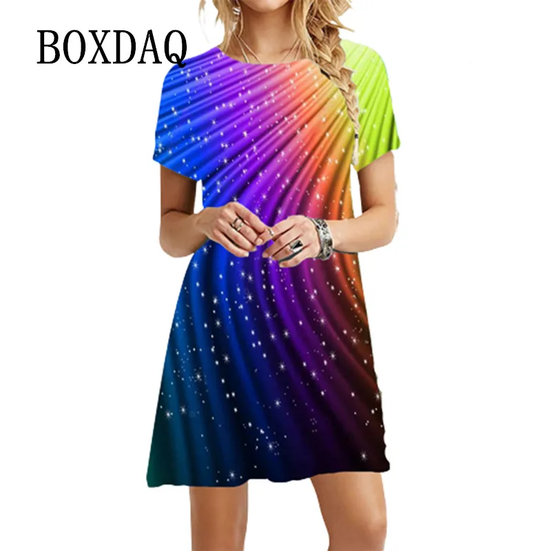 

Женское летнее платье с радужным градиентным принтом, уличное повседневное короткое платье-трапеция с круглым вырезом, свободный пляжный с...
