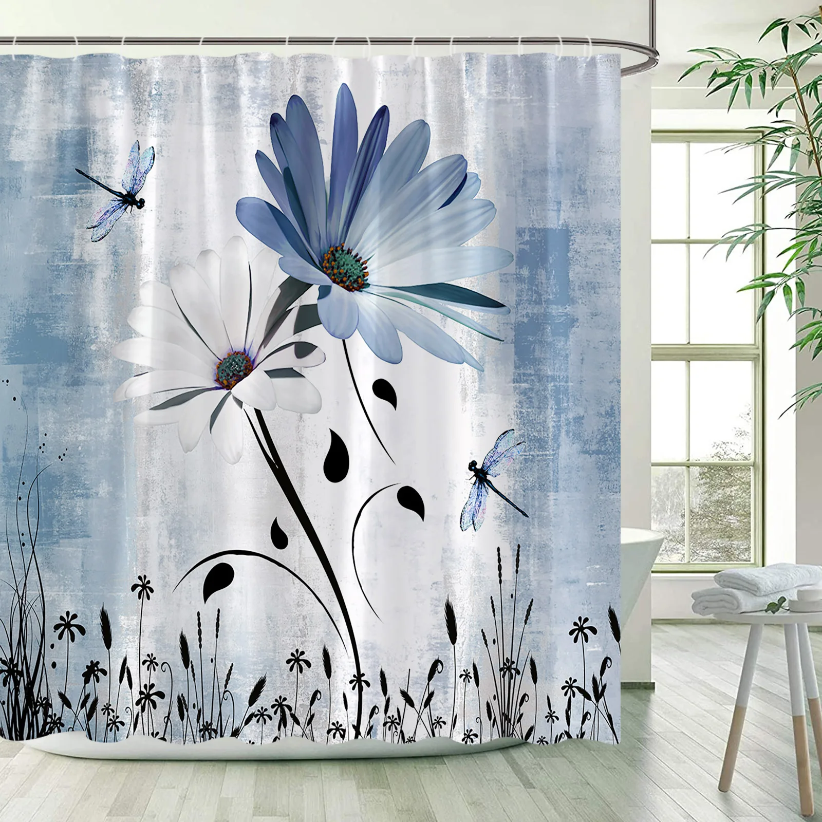 

Занавеска для душа в рустикальном стиле с изображением синих и белых цветов, стрекозы и растений, занавеска для ванной в стиле гранж, тканев...