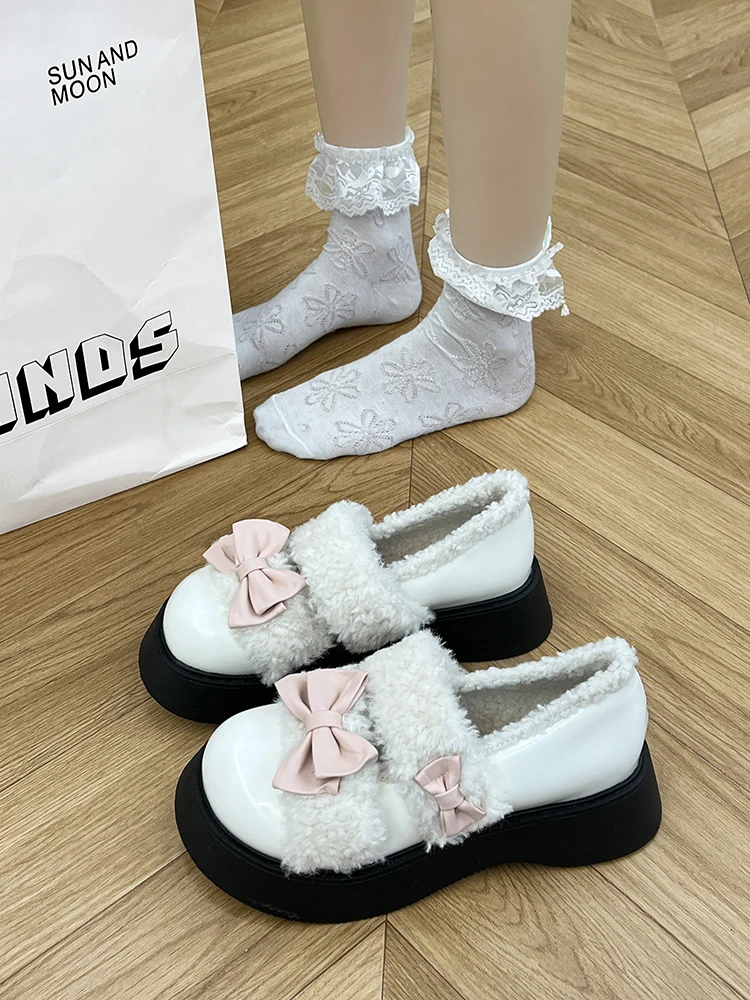

Butterfly-Knot House Slippers Platform Med Female Shoes 2023 Flat Rubber Mary Janes Butterfly-knot Basic Short Plush Sweet PU