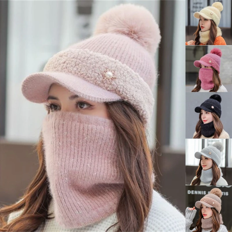 

Женская зимняя шапка, Лыжные шапки с большим меховым помпоном, вязаные шапки, шарф, шапка в комплекте, зимняя женская Шапка-бини, теплые шапо...