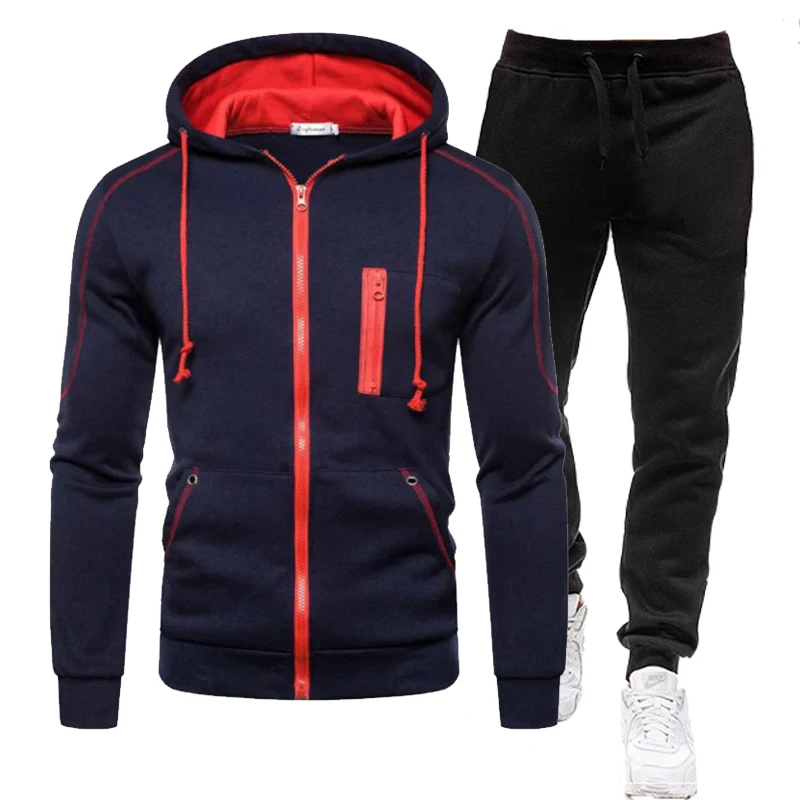 Men Tracksuit Autumn Winter Fashion Long Sleeve Hoodie Coat and Sport Pants Solid Suits Casual Zipper Design Jogging Suits