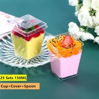 150ml square jelly cup disposable pudding cup mini mousse cup with lid spoon set for shop restaurant barrandom spoon pattern