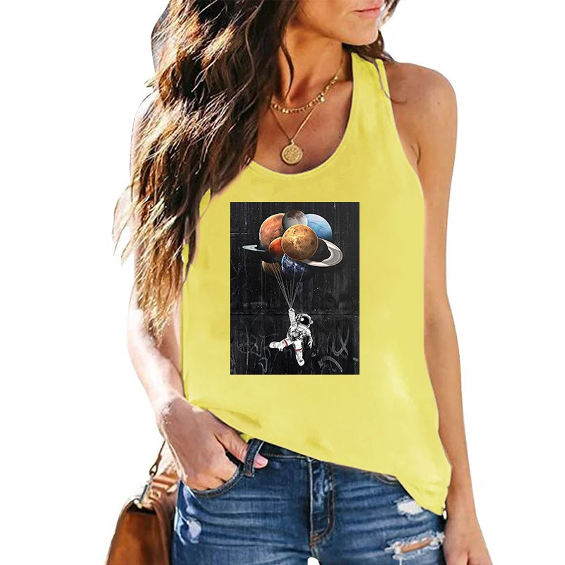 Summer Casual Fashion Women Vests Graphic 100% Cotton Sleeveless Camisole Astronaut Planets Print Ladies Regular Daily Tank Tops |