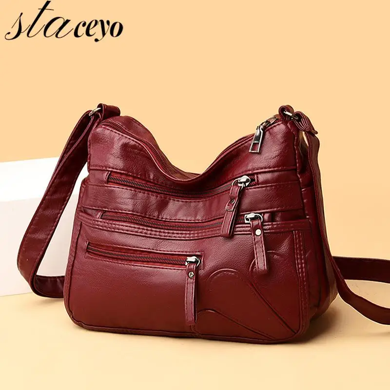 

PU Leather Women Shoulder Messenger Bags Solid Casual Multi Pocket Female Fashion Handbags Crossbody Bags For Mother