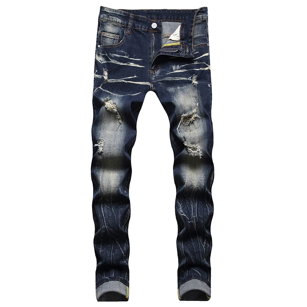 

European and American denim 2022 new cat whisker tie flower slim straight stretch men's jeans jogger jeans for men