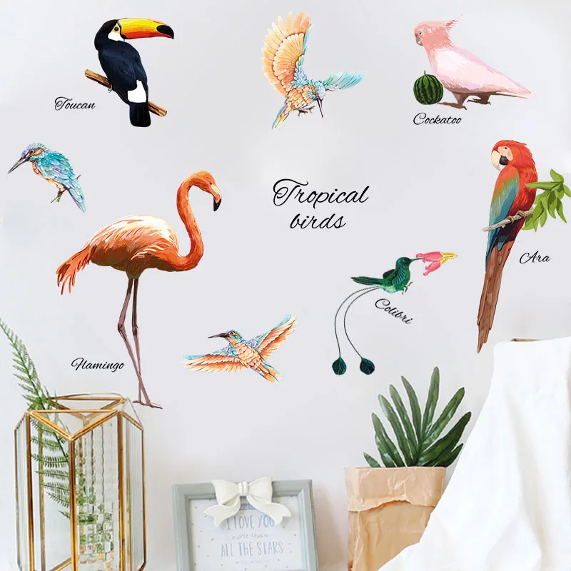 

Tropical Birds Wall Stickers Big Mouth Bird Flamingo Hummingbird Shape Self-adhesive Sticker Children's Bedroom Decoration