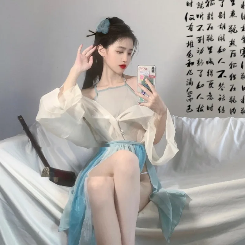 

Женский Нежный и очаровательный Привлекательный костюм с карманами для живота в старинном стиле, Прозрачная Юбка из пряжи с высоким разрез...