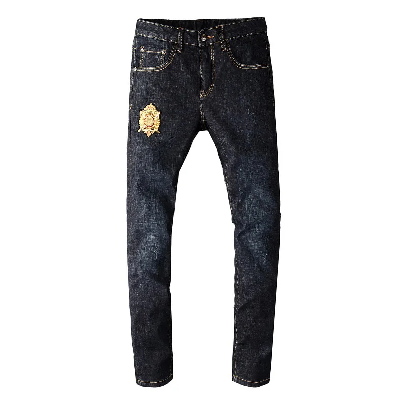

Men's High Quality Casual Black Regular Slim Tapered Embroidered Pachwork Crystals Patches Fashion Style Original Jeans Pants