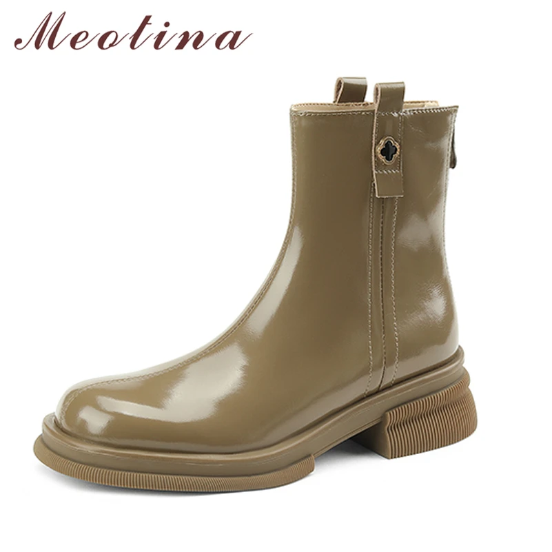 

Meotina Women Genuine Leather Ankle Boots Round Toe Platform Flat Zipper Fashion Short Boot Ladies Shoes Autumn Winter Black
