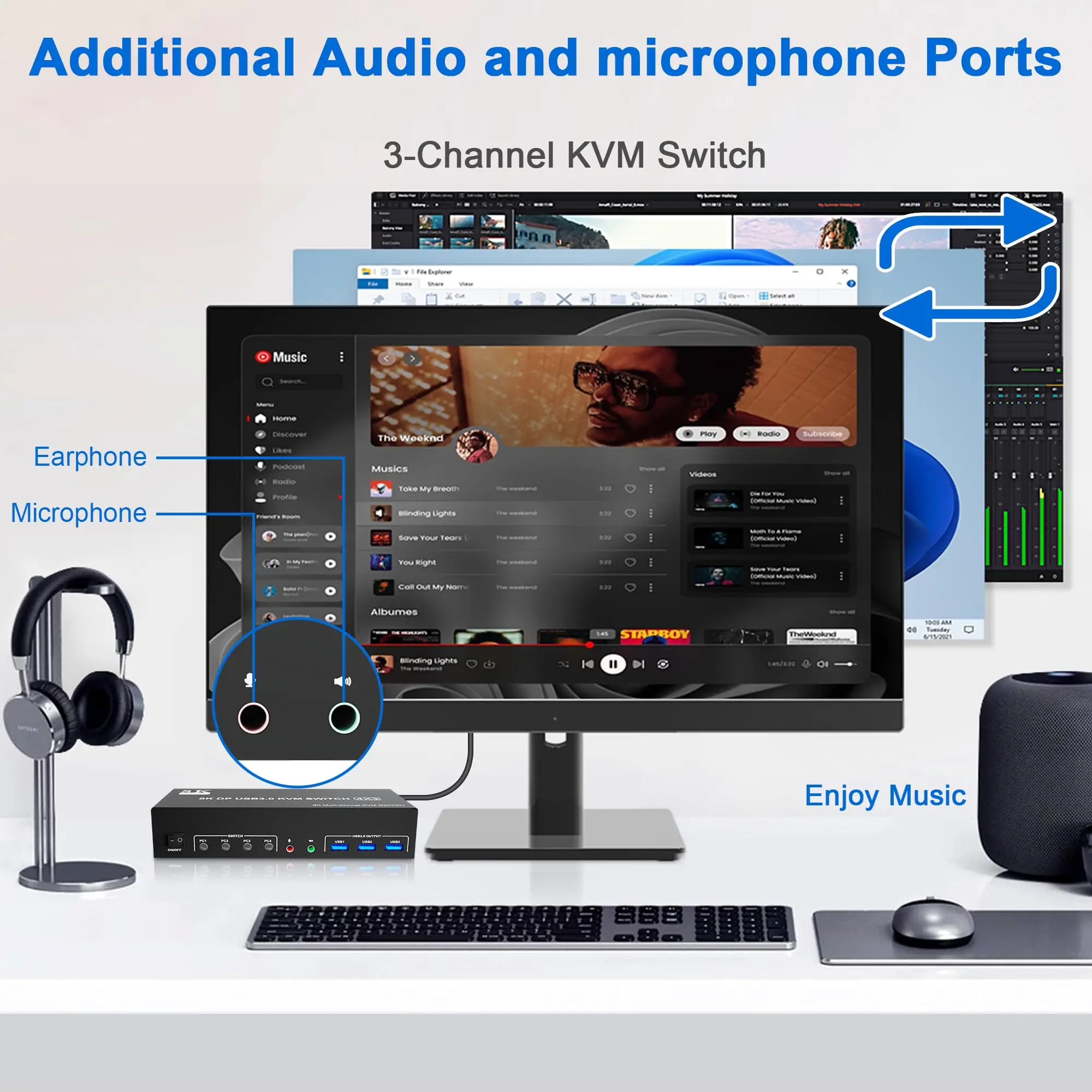 KVM-переключатель USB3.0 Displayport, 3 монитора, 4 компьютера, KVM-переключатель с тройным монитором DP1.4 и выходом аудиомикрофона + 3 порта USB3.0 (art.: 3920cbb34704e) - 3920cbb34704e