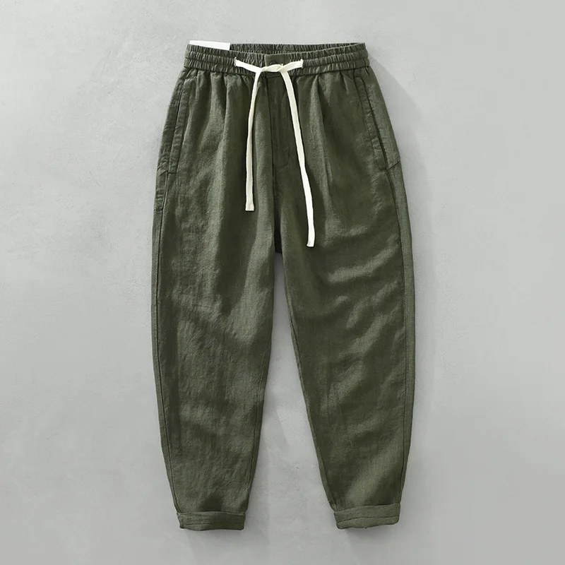 

Брюки мужские повседневные из 3592 льна, простые винтажные удобные дышащие свободные прямые штаны с эластичным поясом, однотонные, лето 100%