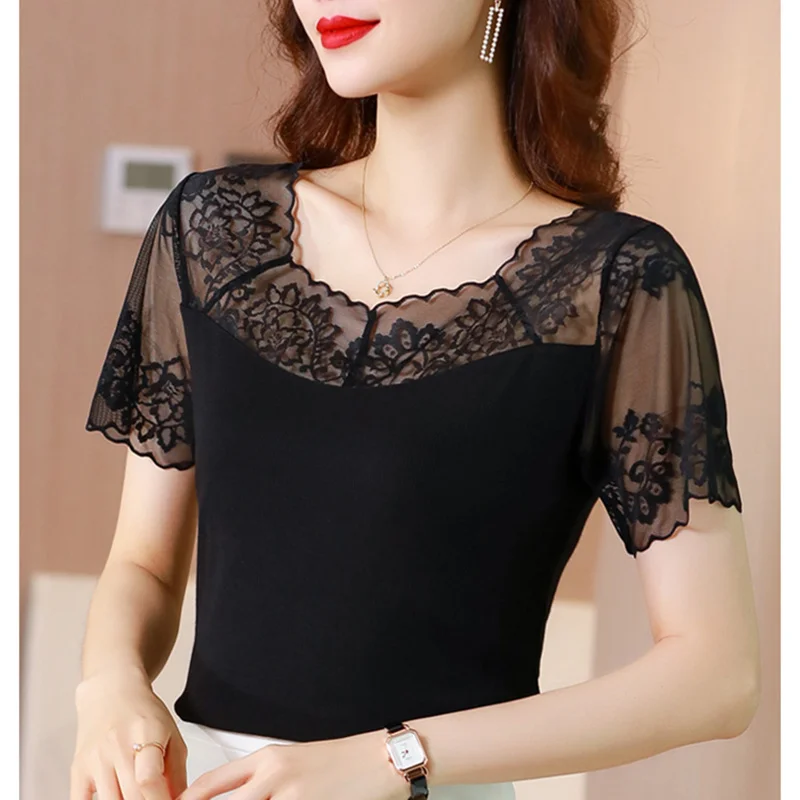 Sommer Koreanische Mode Spitze T-shirts für Frauen Kurzarm Vintage Tops für Frauen Lose Schwarz Büro Dame Shirts Ropa De mujer