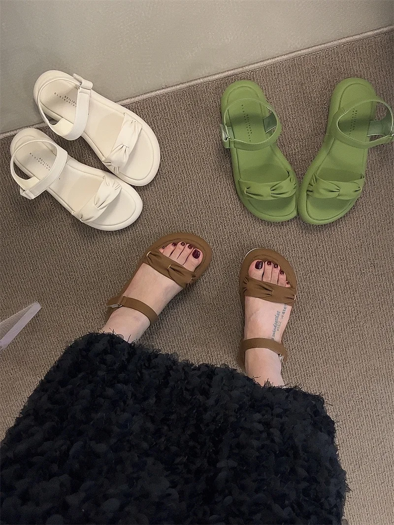 

Roman Sandals Buckle Strap Black Shoes for Women Round Toe Clogs With Heel All-Match 2023 Summer Gladiator Beige Low Open Comfor