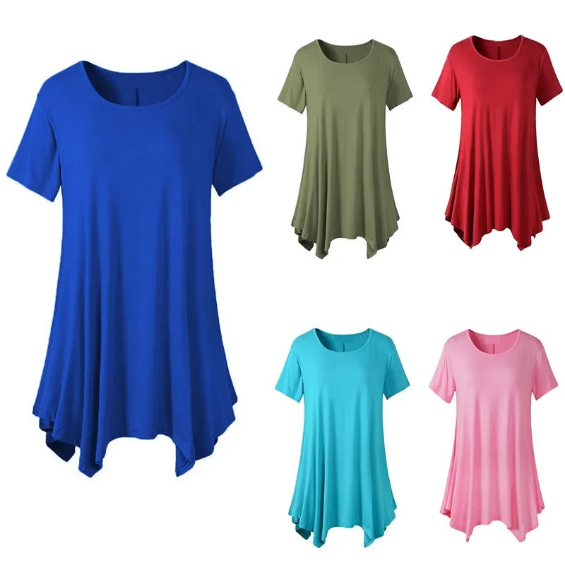 

Summer Women Ladies T-Shirt Solid Color Loose Top Short Sleeve Irregular Hem Undergarment Female Casual Clothes Fashionable Wear