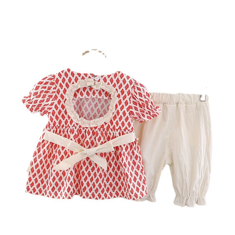 

Girl Summer Kids Clothes Set Puff Short Sleeve Shirt and White Pant Girls Baby 2pcs Set with Piercing Behind Fashion New Girls