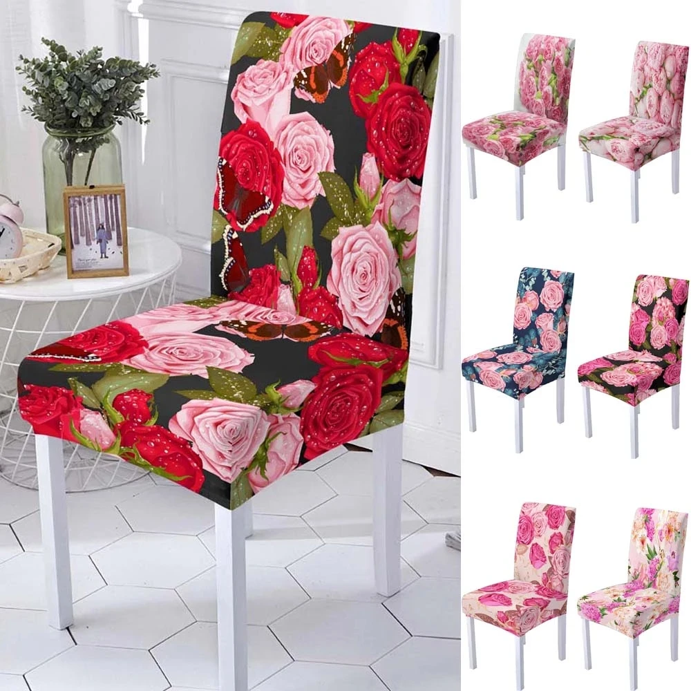 Funda de LICRA con estampado de flores y rosas en 3D para sillas de comedor, fundas de respaldo alto para sala de estar, fiesta, decoración de San Valentín