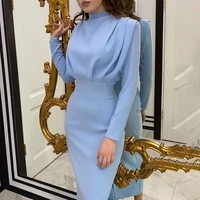 blue elegant elastic mid dress office lady high waist bodycon dress for women pleated o neck long sleeve buttocks pencil dresses