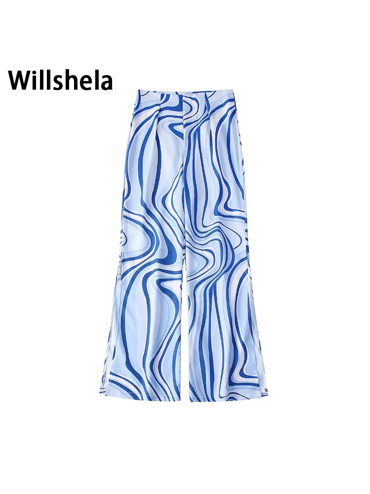 

Willshela Women Fashion Printed Front Zipper Side Slit Trousers Vintage Full Length Mid Waist Female Office Lady Straight Pants