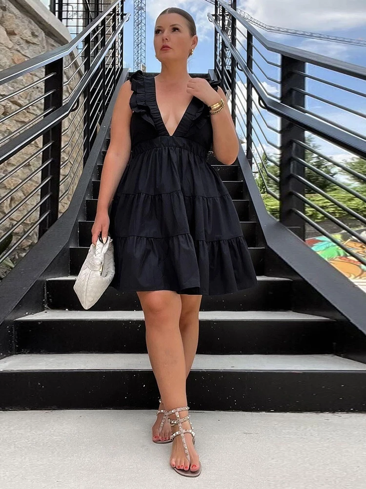 

Cascading Ruffles Above Knee Length Dresses for Ladies Deep V Neck Sleeveless Black Dress Simple Empire Waist A-line Mini Dress