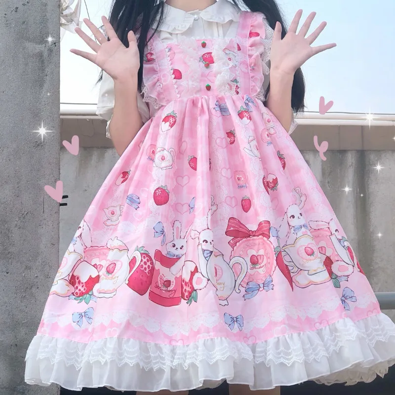 

Japanese Kawaii Lolita Cosplay Soft Sister Dress Cute Rabbit Strawberry Sleeveless JSK Dress Ruffles Bow Princess Tutu Vestidos