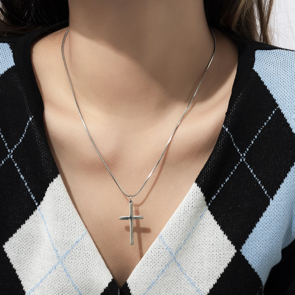 

New Trendy Classic Silver Color Titanium Steel Thin Snake Chain Necklace For Men Geometric Cross Pendant Collar Hip Hop Jewelry