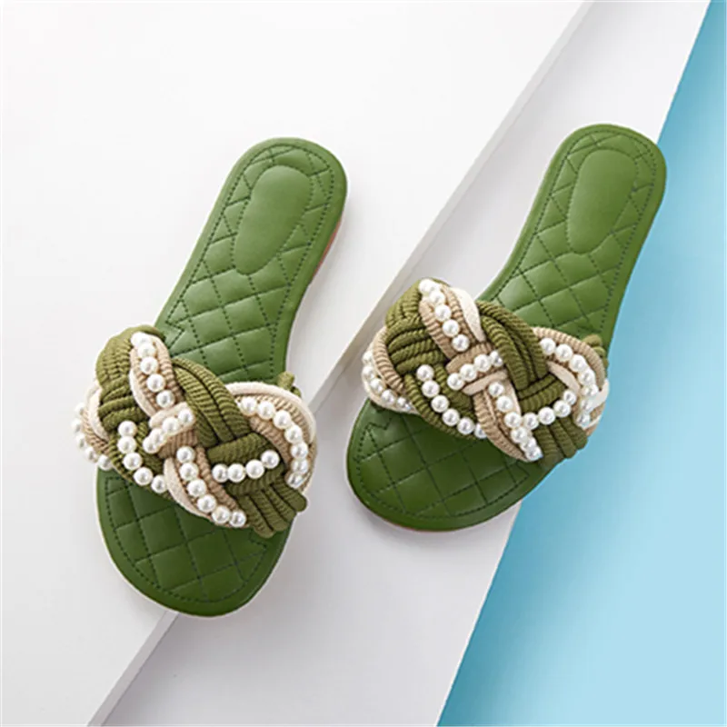 

Шлепанцы женские из натуральной овечьей кожи, сланцы с жемчугом и соломенной веревкой, сандалии из натуральной кожи, плоская подошва