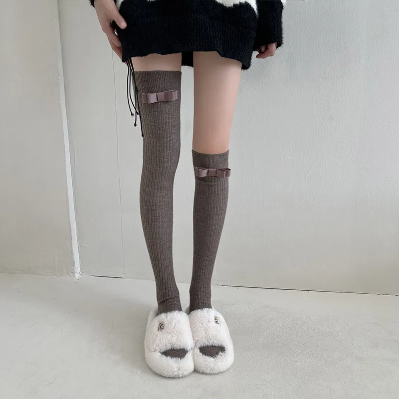 

Зимние цветные носки Morandi из мериносовой шерсти с бантом, теплые облегающие сексуальные чулки выше колена, роскошные качественные супертеплые 2024