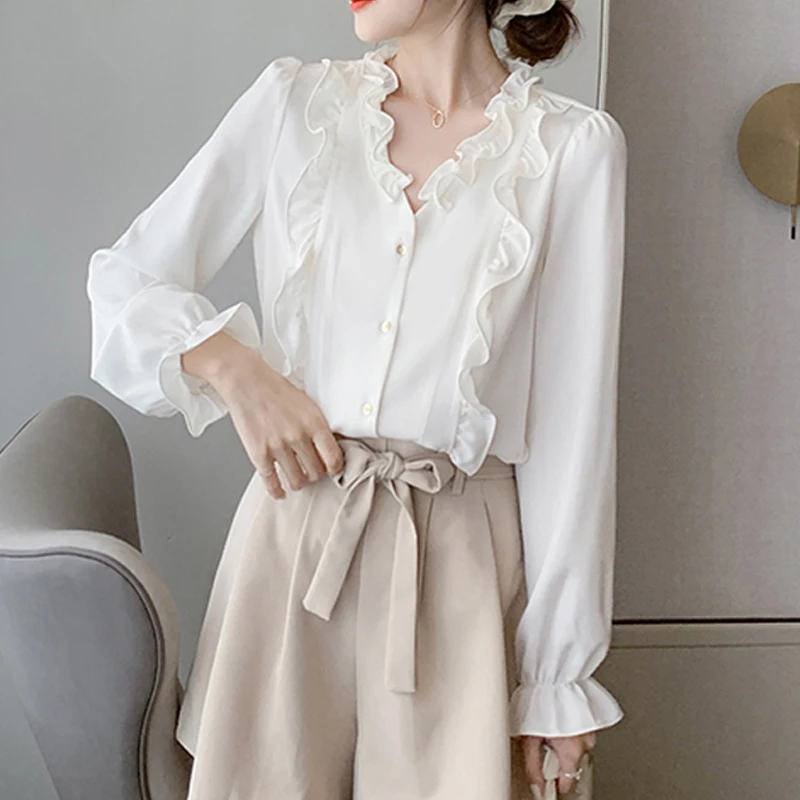

Gentle Puff Long Sleeve Fashion Ruffles Tops Office Lady Elegant White Blouse Spring Autumn Loose Chiffon Shirt Clothing 22392