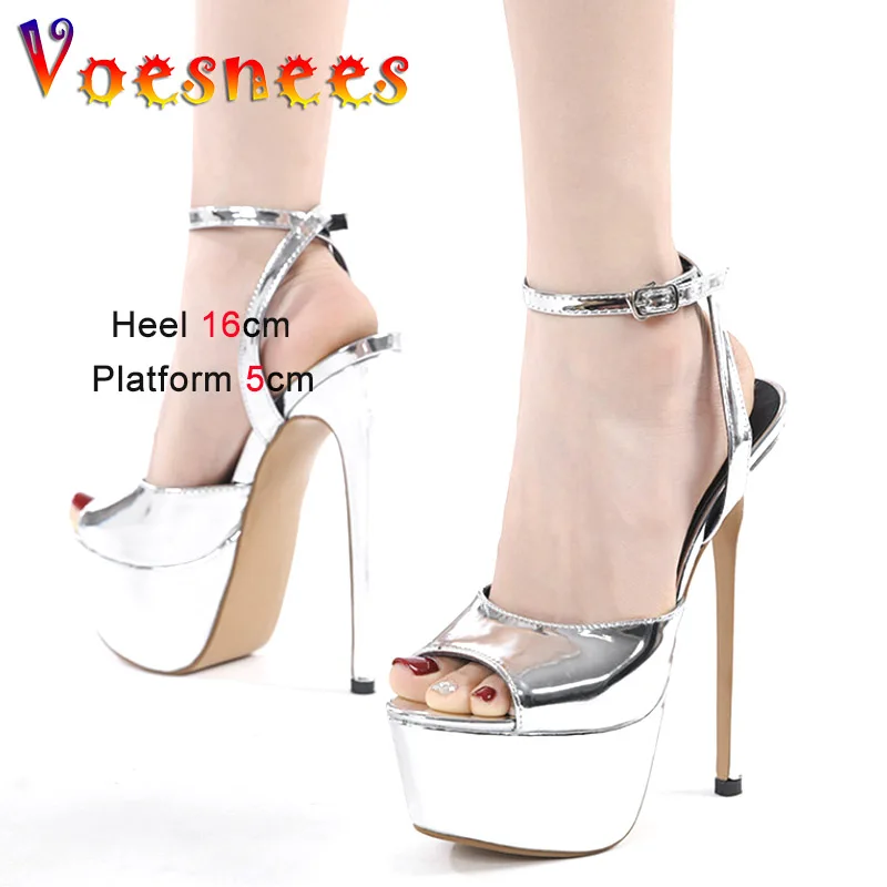 

Сандалии женские на высоком каблуке 16 см, удобные босоножки на платформе, ремешок с пряжкой, серебристые туфли для танцев на шесте
