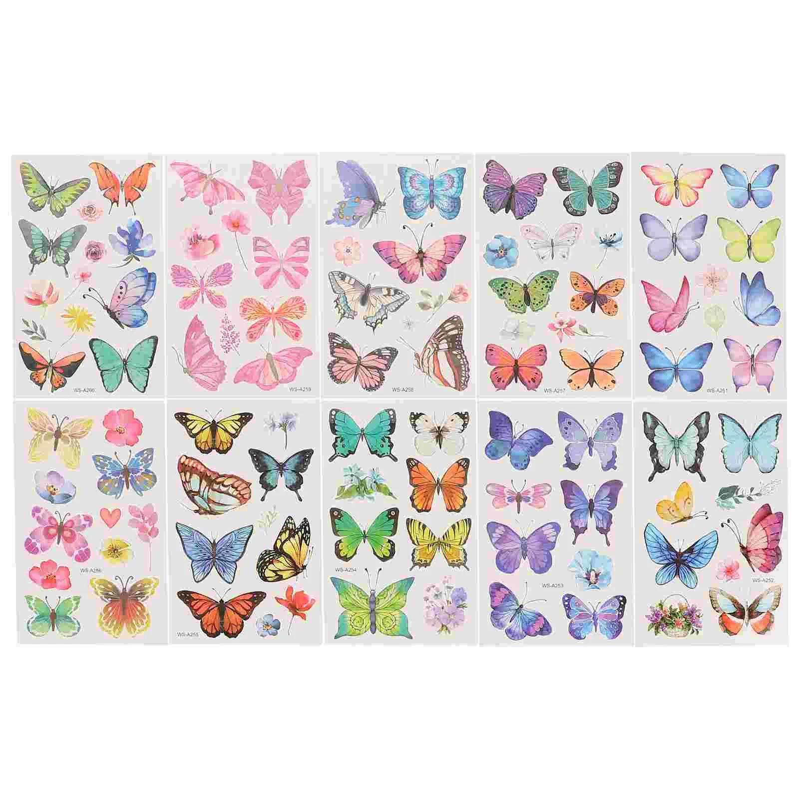 

10 листов наклеек на тело с бабочками