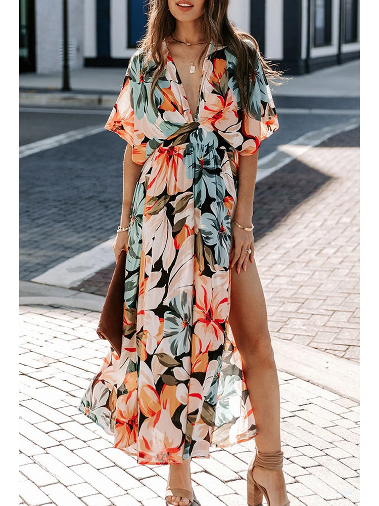 

Винтажное шикарное платье-макси Khalee Yose с цветочным принтом в стиле бохо, летние пикантные праздничные женские платья с V-образным вырезом и Расклешенным рукавом, сексуальные женские платья с разрезом