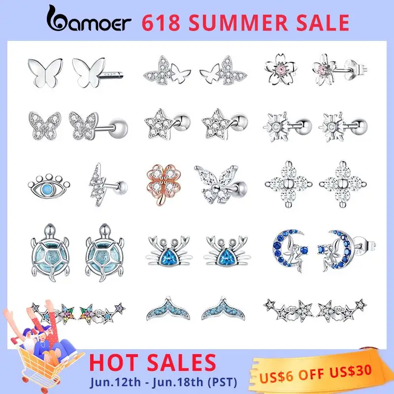 

Bamoer Real 925 Sterling Silver Butterfly Animal Flower Ear Studs for Women Exquisite Party Earrings for Girl Original Design