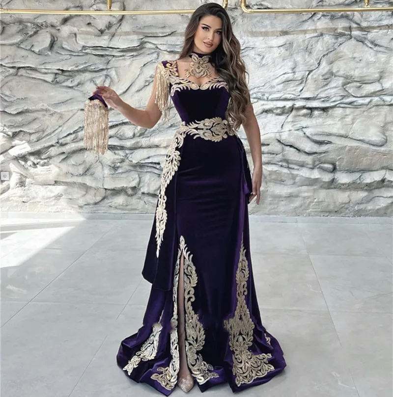 

Velour Mermaid Prom Dresses Saudi Arabia Women Wear Tassels Applique Side Slit Evening Party Gowns with Detachable Train