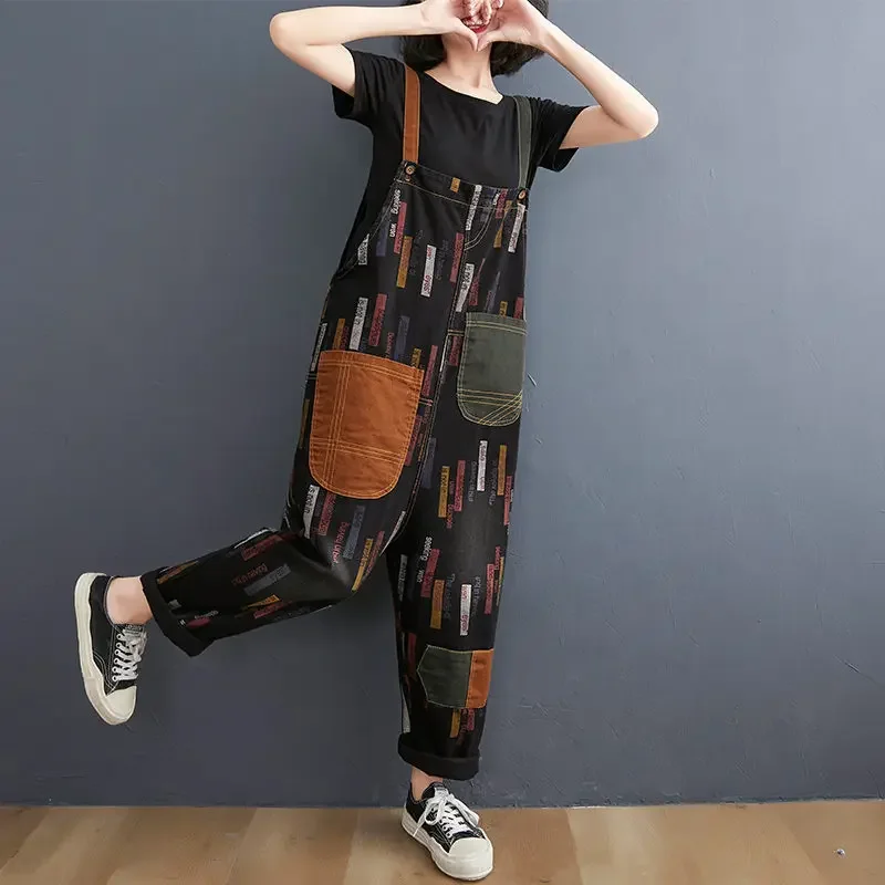 Комбинезон женский джинсовый в стиле ретро с принтом Свободный Повседневный